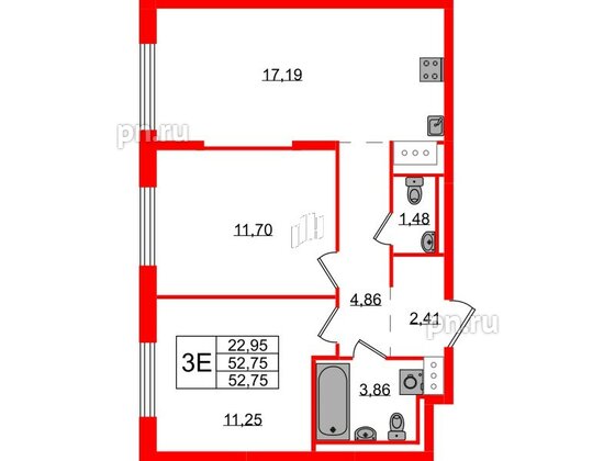 Квартира в ЖК Квартал Торики, 2 комнатная, 52.75 м², 7 этаж