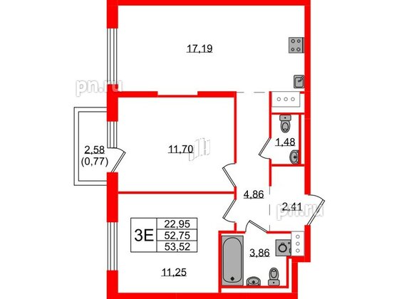 Квартира в ЖК Квартал Торики, 2 комнатная, 53.52 м², 8 этаж