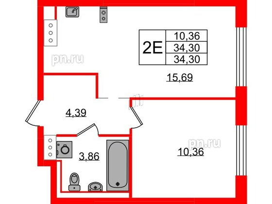 Квартира в ЖК Квартал Торики, 1 комнатная, 34.3 м², 2 этаж