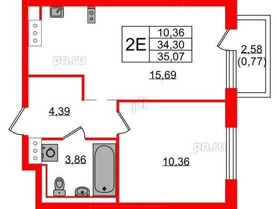 Квартира в ЖК Квартал Торики, 1 комнатная, 35.07 м², 10 этаж