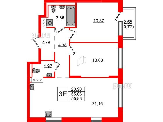 Квартира в ЖК Квартал Торики, 2 комнатная, 55.83 м², 12 этаж