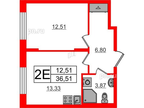 Квартира в ЖК «Аннино Сити», 1 комнатная, 36.51 м², 1 этаж