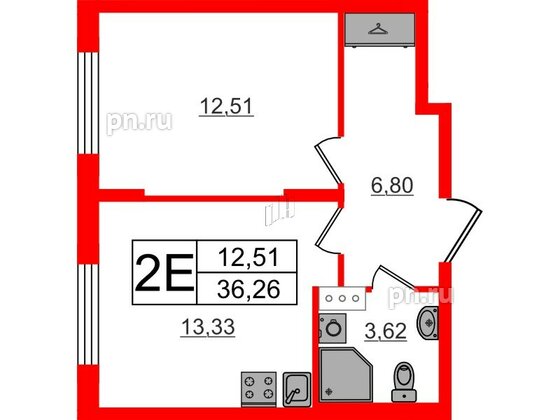 Квартира в ЖК «Аннино Сити», 1 комнатная, 36.26 м², 4 этаж