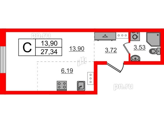 Квартира в ЖК «Аннино Сити», студия, 27.34 м², 4 этаж
