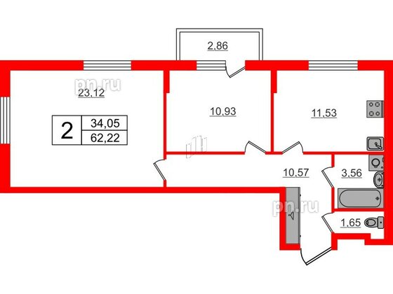 Квартира в ЖК «Аннино Сити», 2 комнатная, 62.22 м², 2 этаж