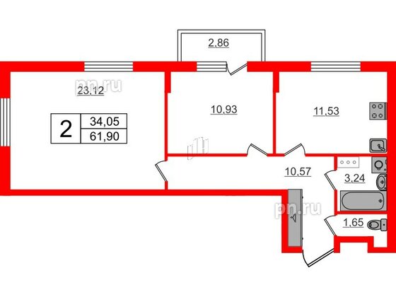 Квартира в ЖК «Аннино Сити», 2 комнатная, 61.9 м², 4 этаж