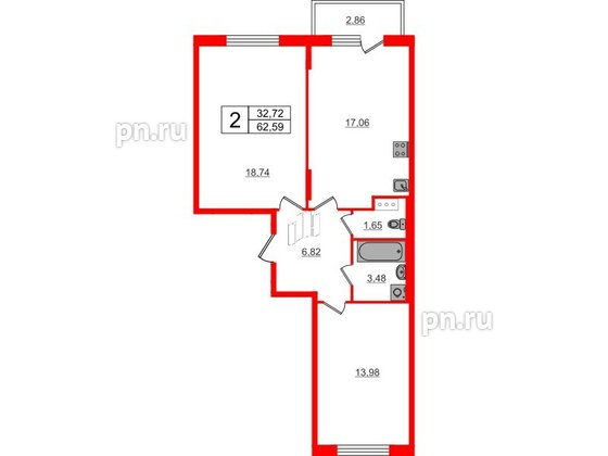 Квартира в ЖК «Аннино Сити», 2 комнатная, 62.59 м², 4 этаж