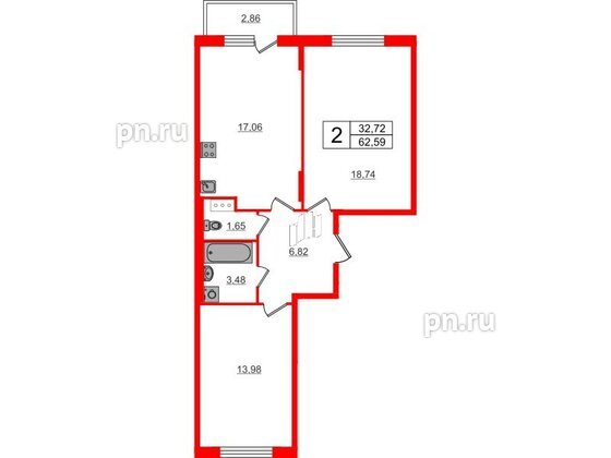 Квартира в ЖК «Аннино Сити», 2 комнатная, 62.59 м², 4 этаж