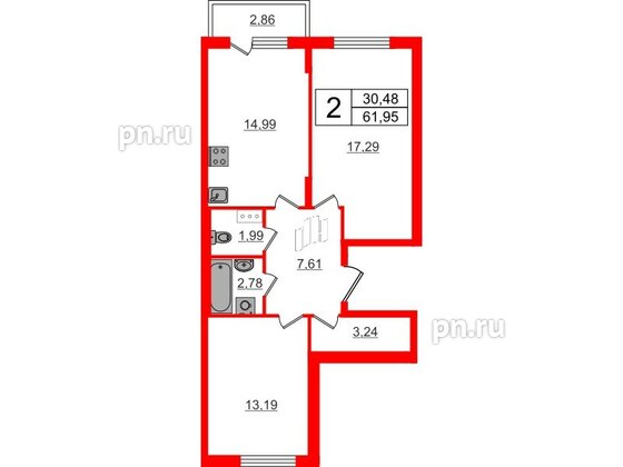 Квартира в ЖК «Аннино Сити», 2 комнатная, 61.95 м², 4 этаж