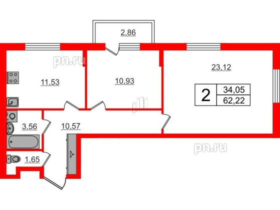 Квартира в ЖК «Аннино Сити», 2 комнатная, 62.22 м², 2 этаж