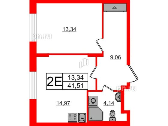 Квартира в ЖК «Аннино Сити», 1 комнатная, 41.51 м², 1 этаж