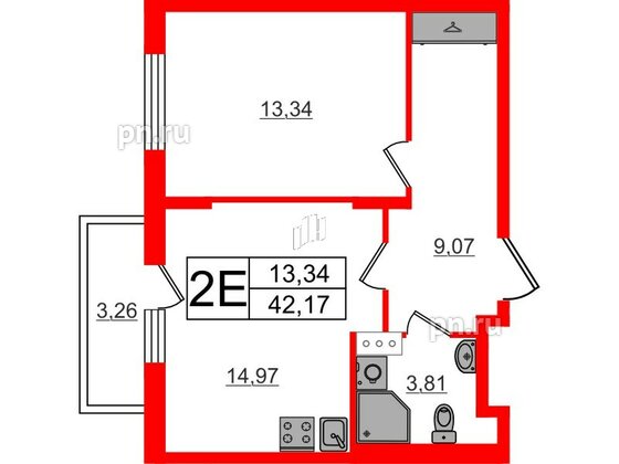 Квартира в ЖК «Аннино Сити», 1 комнатная, 42.23 м², 4 этаж