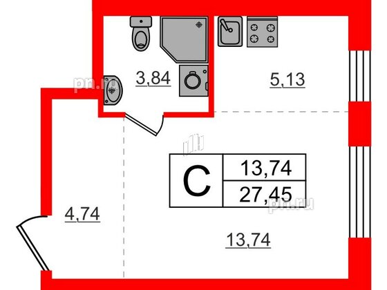Квартира в ЖК «Аннино Сити», студия, 27.45 м², 1 этаж