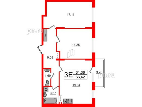 Квартира в ЖК «Аннино Сити», 2 комнатная, 66.41 м², 4 этаж