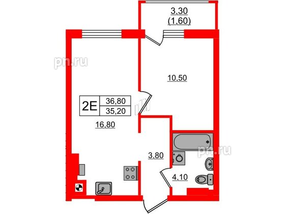 Квартира в ЖК «River Park-2», 1 комнатная, 36.8 м², 3 этаж