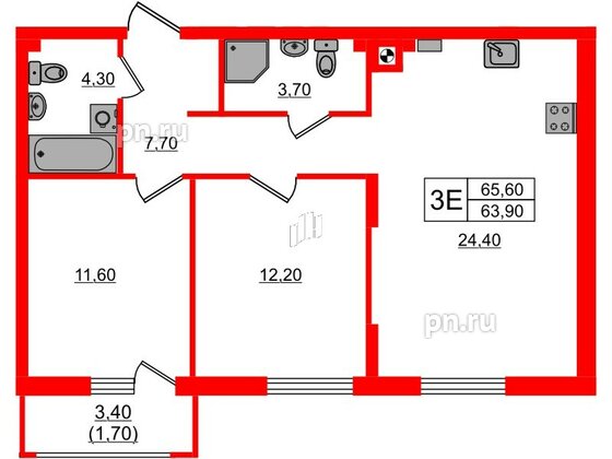 Квартира в ЖК «River Park-2», 2 комнатная, 65.6 м², 1 этаж