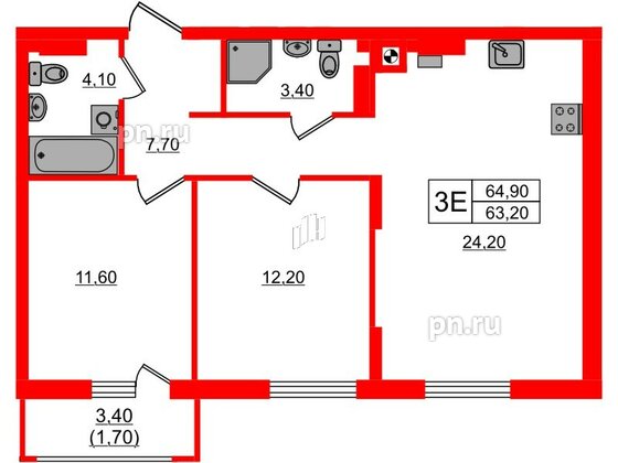 Квартира в ЖК «River Park-2», 2 комнатная, 64.9 м², 3 этаж