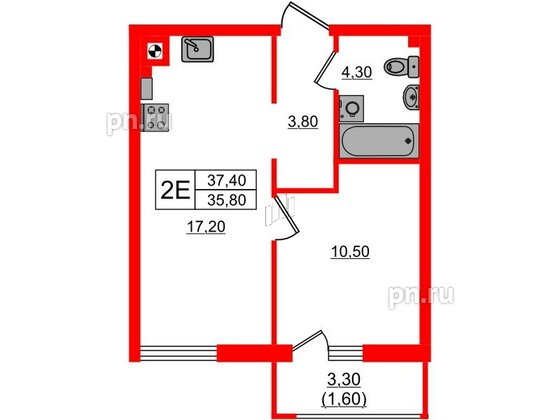 Квартира в ЖК «River Park-2», 1 комнатная, 37.4 м², 1 этаж