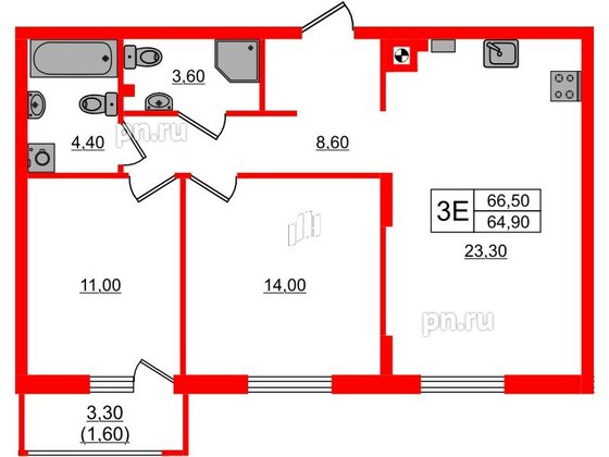 Квартира в ЖК «River Park-2», 2 комнатная, 66.5 м², 1 этаж