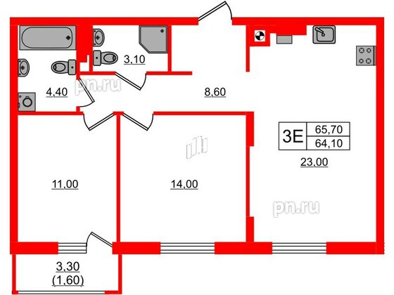 Квартира в ЖК «River Park-2», 2 комнатная, 65.7 м², 3 этаж