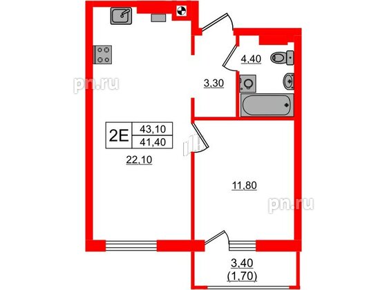 Квартира в ЖК «River Park-2», 1 комнатная, 43.1 м², 2 этаж