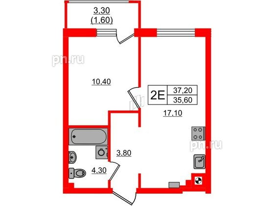 Квартира в ЖК «River Park-2», 1 комнатная, 37.2 м², 1 этаж