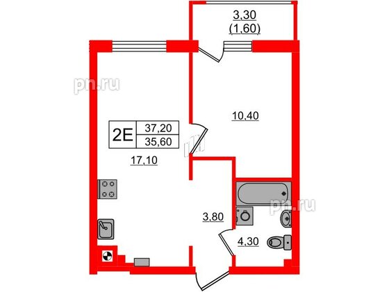 Квартира в ЖК «River Park-2», 1 комнатная, 37.2 м², 1 этаж