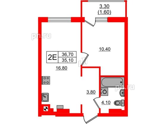 Квартира в ЖК «River Park-2», 1 комнатная, 36.7 м², 4 этаж