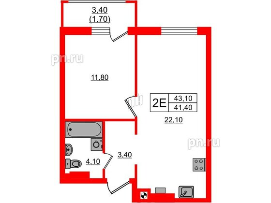 Квартира в ЖК «River Park-2», 1 комнатная, 43.1 м², 2 этаж