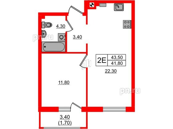 Квартира в ЖК «River Park-2», 1 комнатная, 43.5 м², 1 этаж