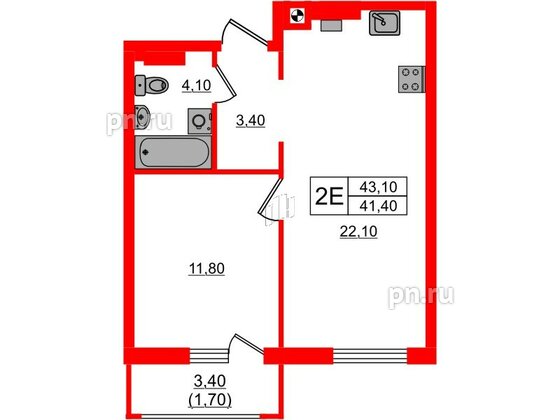 Квартира в ЖК «River Park-2», 1 комнатная, 43.1 м², 4 этаж