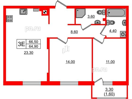 Квартира в ЖК «River Park-2», 2 комнатная, 66.5 м², 1 этаж