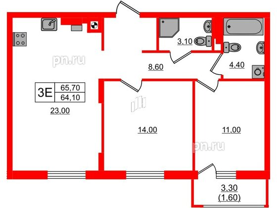 Квартира в ЖК «River Park-2», 2 комнатная, 65.7 м², 3 этаж