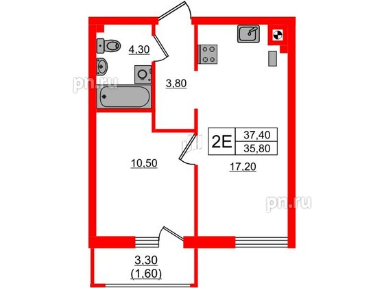 Квартира в ЖК «River Park-2», 1 комнатная, 37.4 м², 1 этаж