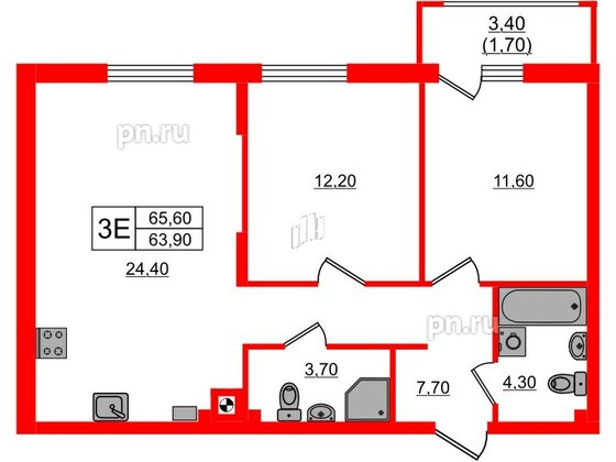 Квартира в ЖК «River Park-2», 2 комнатная, 65.6 м², 1 этаж