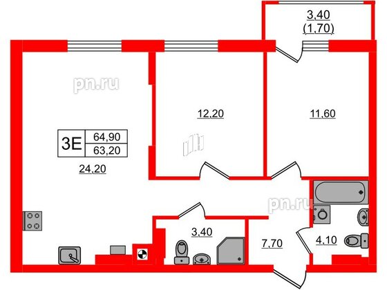 Квартира в ЖК «River Park-2», 3 комнатная, 64.9 м², 3 этаж