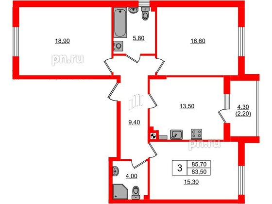 Квартира в ЖК «River Park-2», 3 комнатная, 85.7 м², 1 этаж