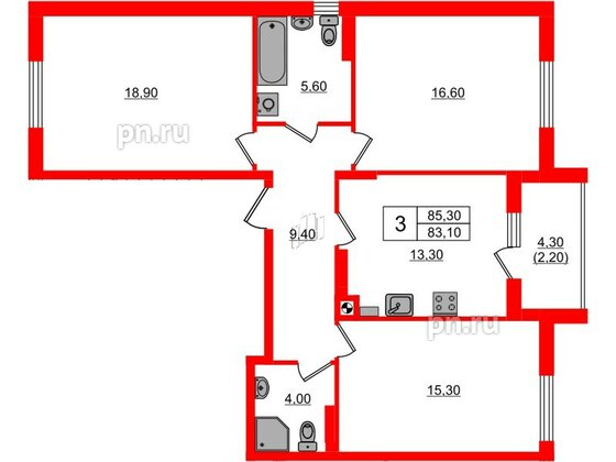 Квартира в ЖК «River Park-2», 3 комнатная, 85.3 м², 2 этаж