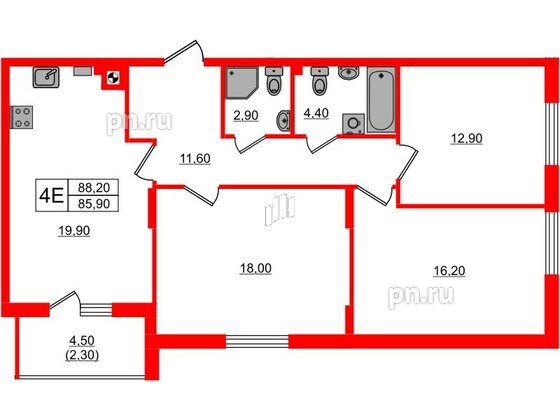 Квартира в ЖК «River Park-2», 3 комнатная, 88.2 м², 2 этаж