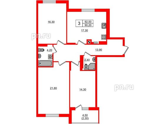 Квартира в ЖК «River Park-2», 3 комнатная, 92.5 м², 3 этаж