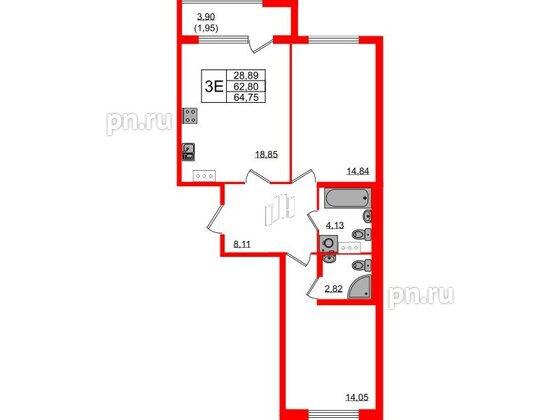 Квартира в ЖК Квартал Заречье, 2 комнатная, 64.75 м², 3 этаж