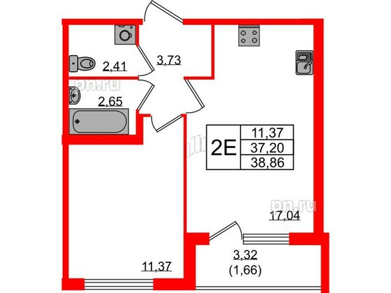 Квартира в ЖК Квартал Заречье, 1 комнатная, 38.86 м², 2 этаж