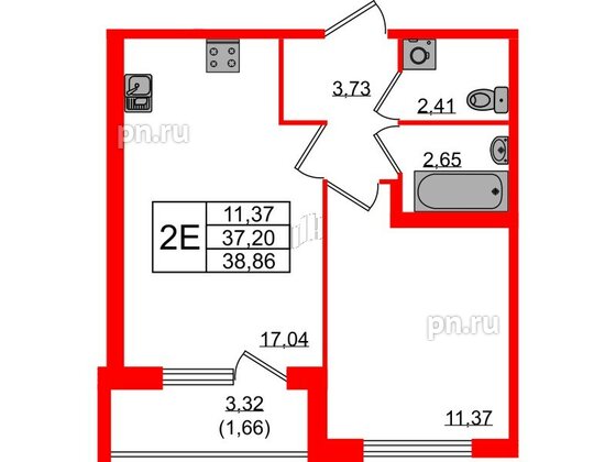 Квартира в ЖК Квартал Заречье, 1 комнатная, 38.86 м², 2 этаж