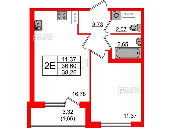 Квартира в ЖК Квартал Заречье, 1 комнатная, 38.26 м², 4 этаж