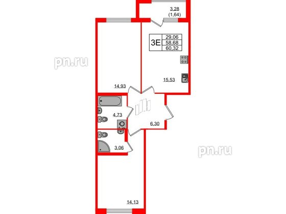 Квартира в ЖК Квартал Заречье, 2 комнатная, 60.32 м², 2 этаж