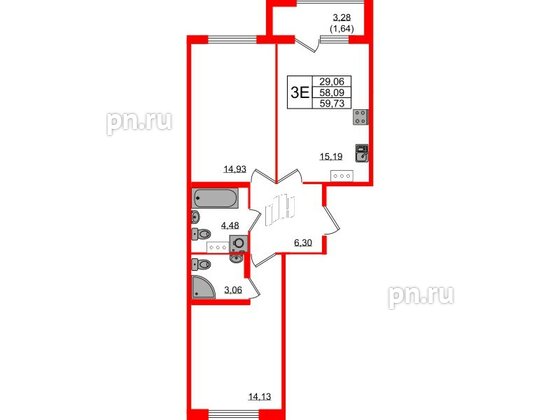 Квартира в ЖК Квартал Заречье, 2 комнатная, 59.73 м², 4 этаж