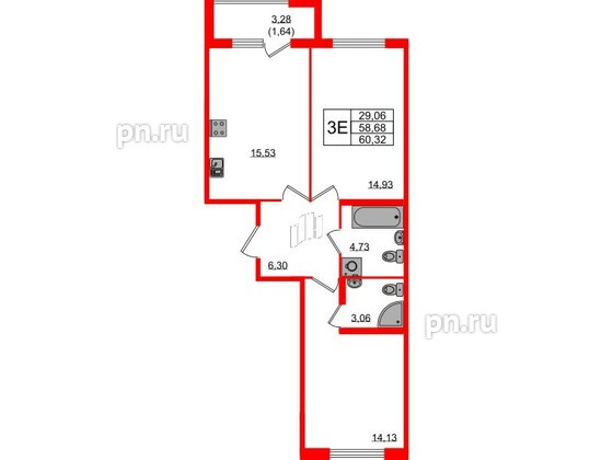 Квартира в ЖК Квартал Заречье, 2 комнатная, 60.32 м², 2 этаж