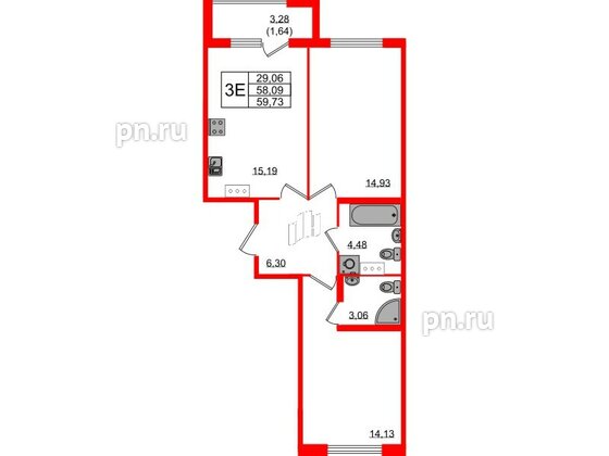 Квартира в ЖК Квартал Заречье, 2 комнатная, 59.73 м², 3 этаж