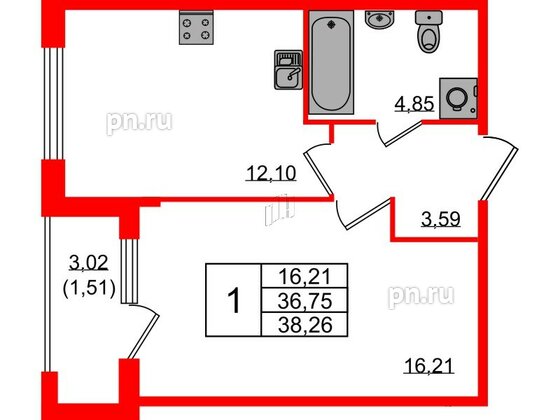 Квартира в ЖК Квартал Заречье, 1 комнатная, 38.26 м², 2 этаж