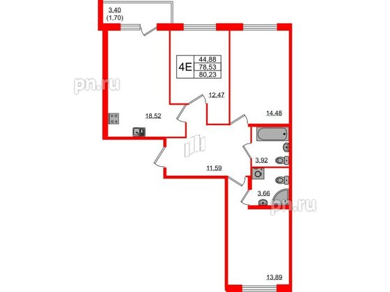 Квартира в ЖК Квартал Заречье, 3 комнатная, 80.23 м², 2 этаж